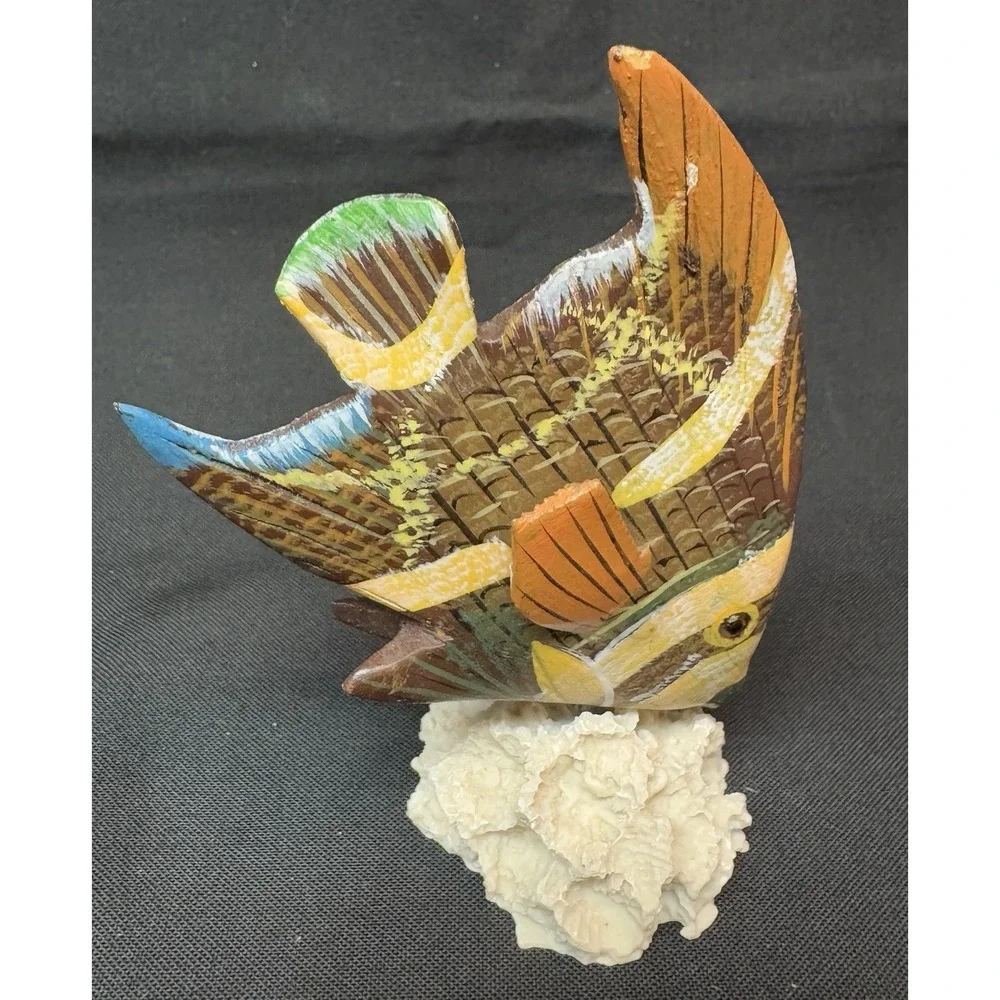 Hand Carved & Painted Wooden Angel Fish Mounted On Faux Natural Coral 4